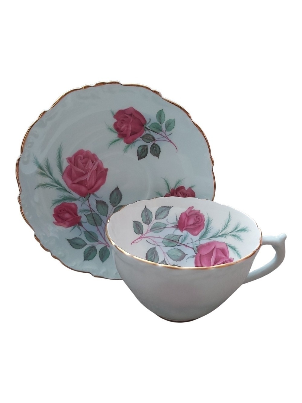 Heathcote Bone China Teacup & Saucer - Pattern 1791 Pink Roses - Scalloped Gold